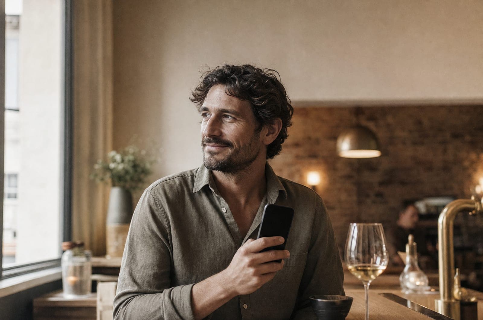 A guest at a restaurant bar in the early evening, phone in hand, about to message the venue