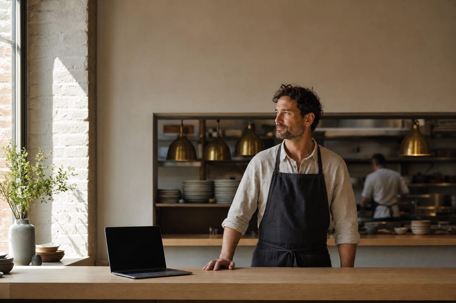 A restaurant owner in an apron at the pass in morning light, looking away from an open laptop on the counter